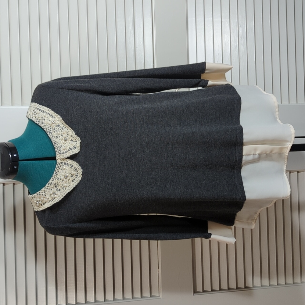 Super cute Grey shirt with lace/pearl collar